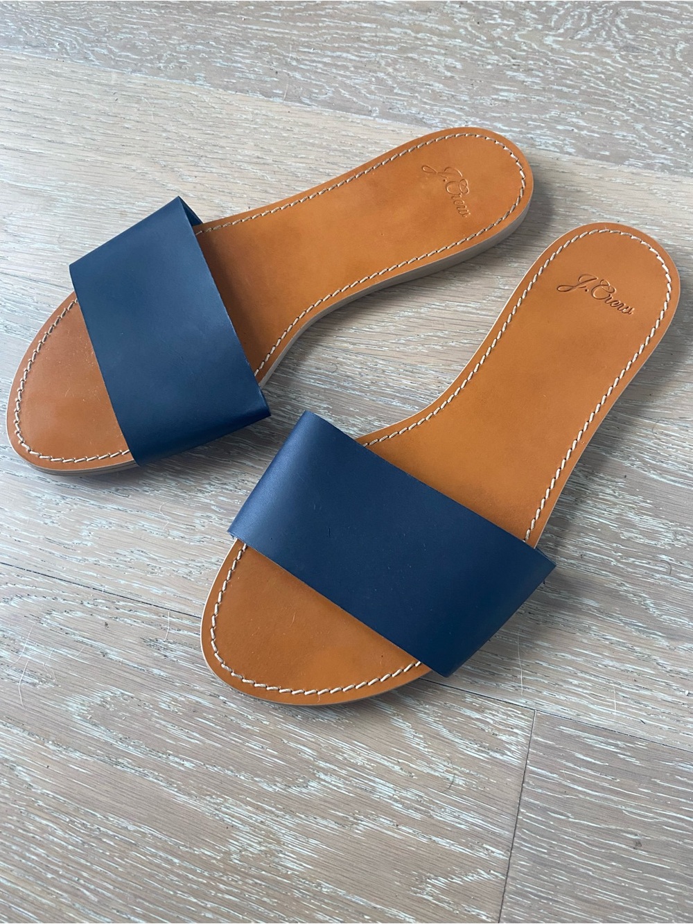 Jcrew capri blue leather sandals slides; size 8